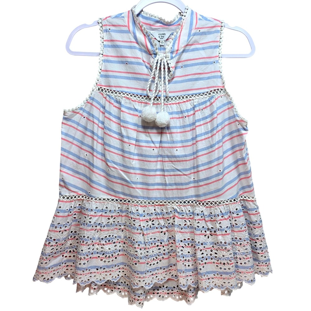 Crown and Ivy Sleeveless Eyelet Top Stripe Pom Pom Boho Coastal Beach